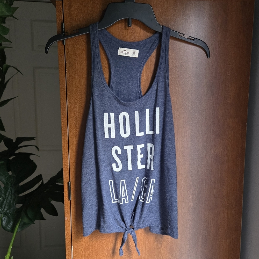 Hollister Blue Tank Top With Tie Front And White Letters LA/CA